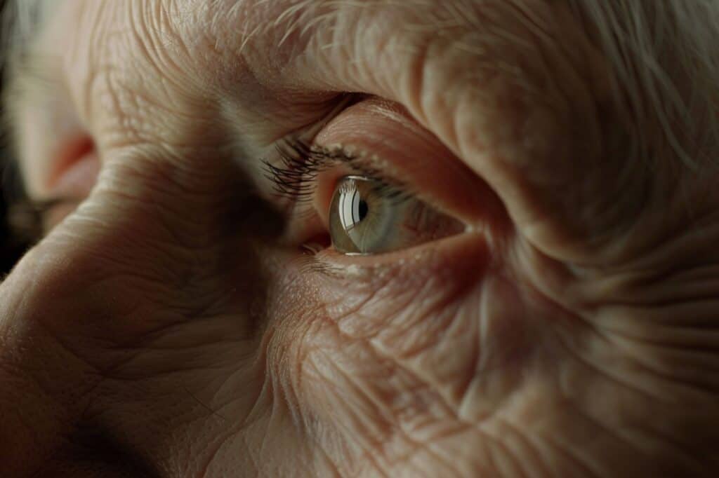 A closeup of an elderly woman's left eye with wrinkles