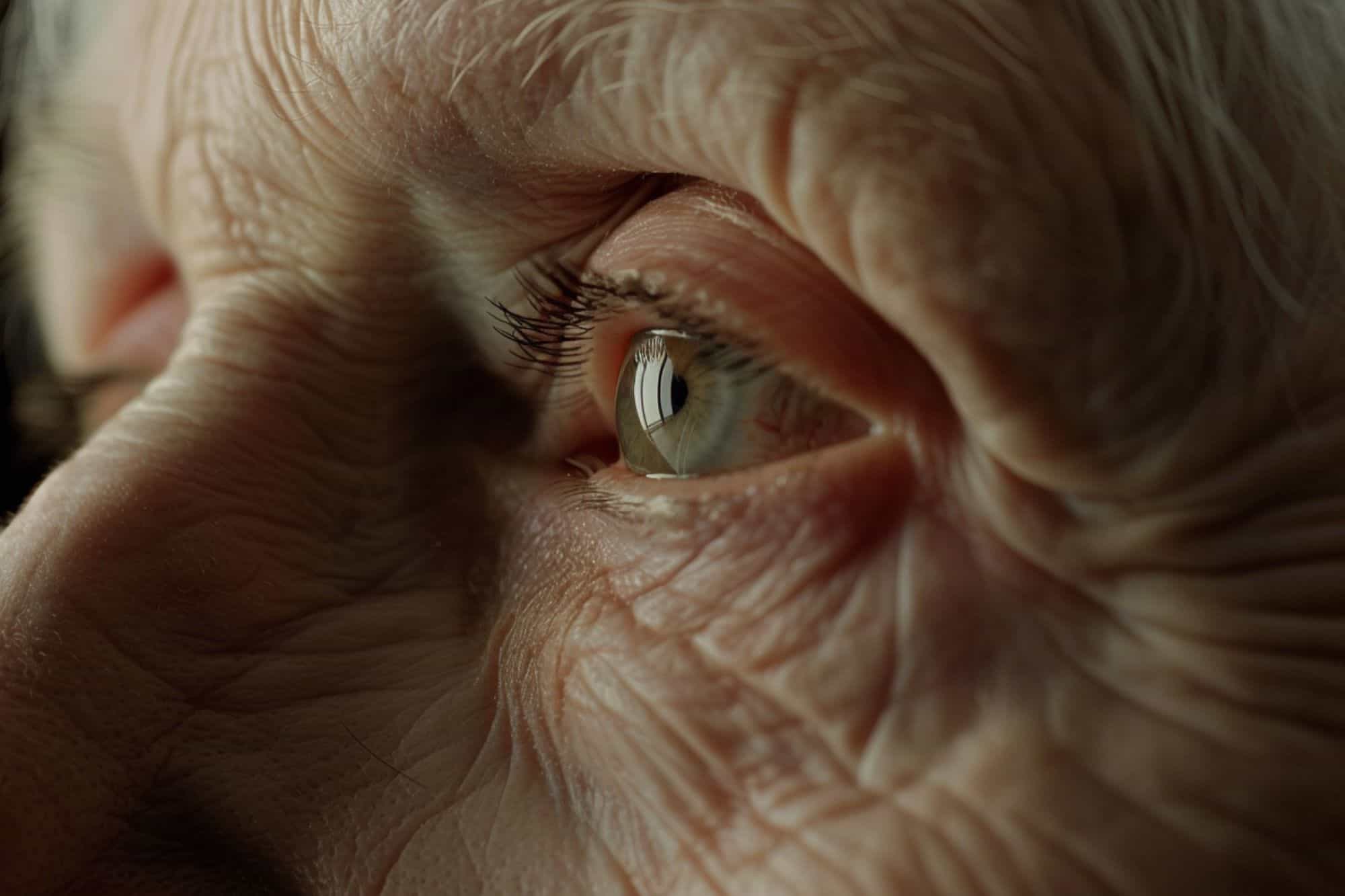 A closeup of an elderly woman's left eye with wrinkles