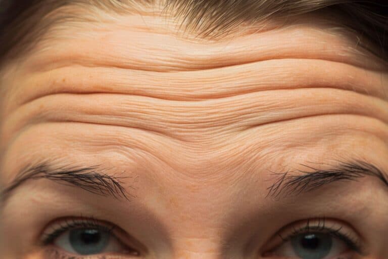 a woman's forehead with visible wrinkles and fine lines