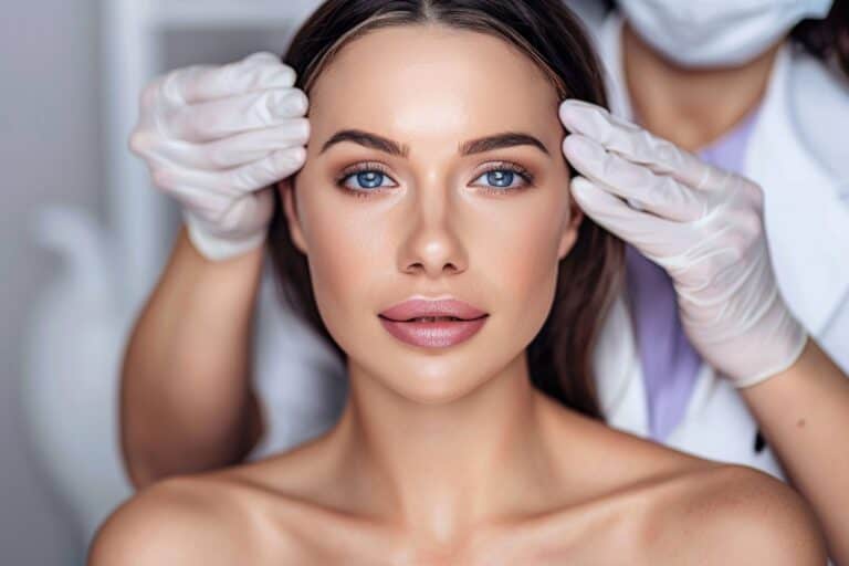 A beautiful woman after Botox treatment while the doctor stands behind wearing gloves