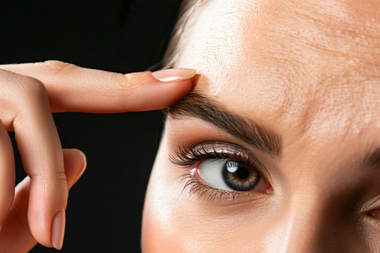 A close up of woman's eyes, with her finger on the forehead, showing signs of wrinkles